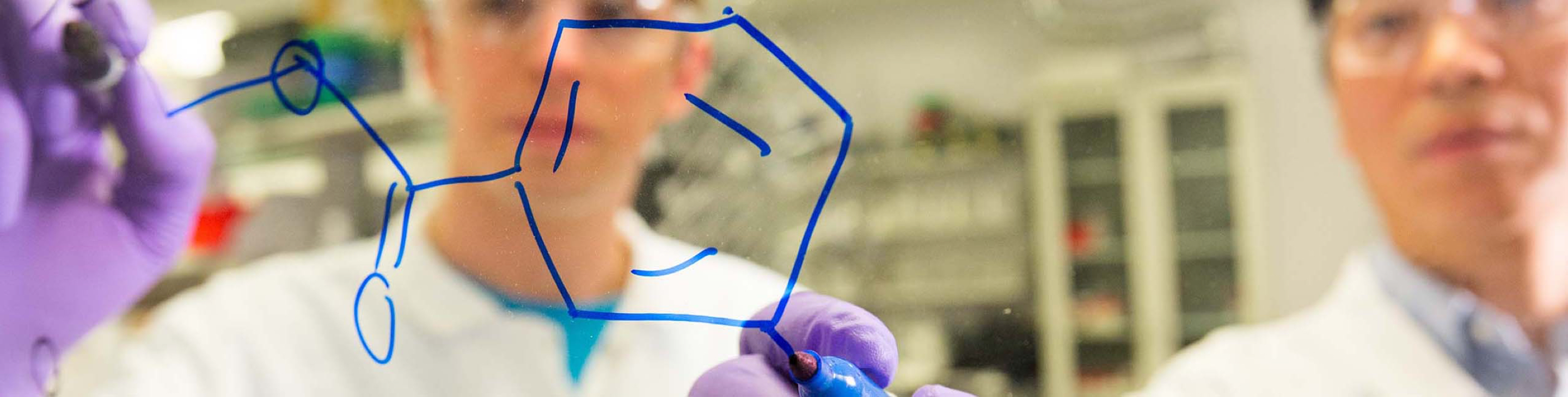 Des scientifiques dessinent des molécules sur un tableau blanc